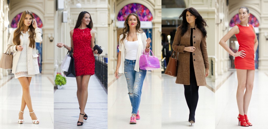 68094876 - collage five fashion young women in shop