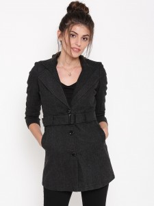 Izabel London by Pantaloons Charcoal Grey Patterned Trench Coat with Detachable Hoodie