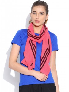 A Model in Blue tshirt and adidas pink Ess Striped Stole
