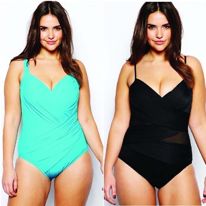 A modal in Mint and Black one piece Miraclesuit Lingerie for festival seasons
